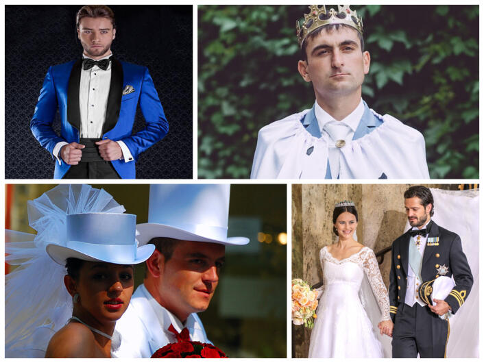 Одежда молодоженов и гостей на свадьбе в королевском стиле